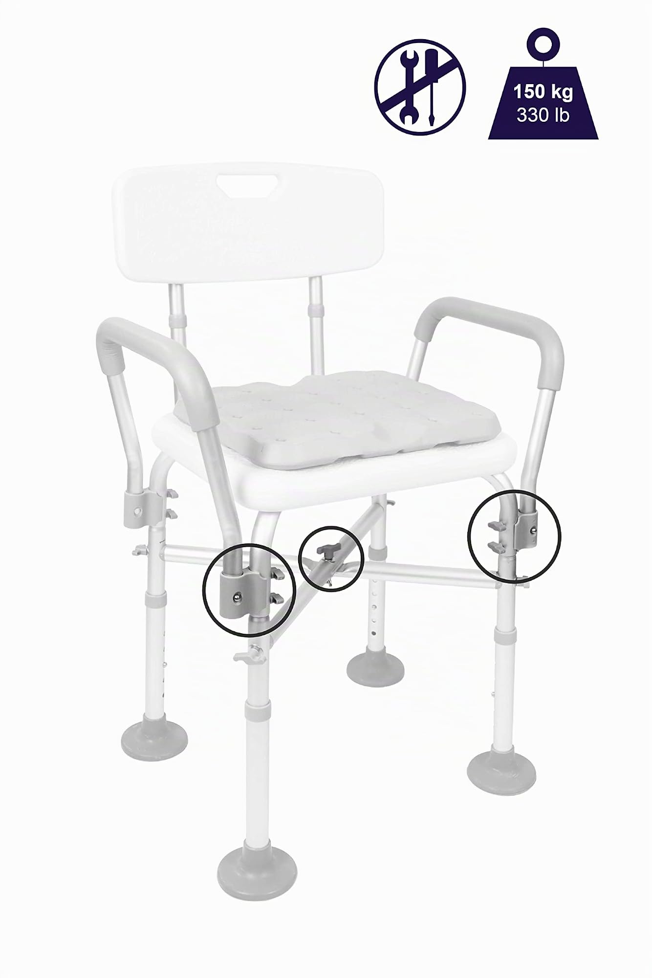 KMINA Sedia Doccia Anziani con Braccioli, Cuscino e Doppia Barra, Bianca | Seggiolino Bagno Disabili in Alluminio, 5 Altezze da 50 a 60 cm, Punte Antiscivolo, Portata 150 kg, Prodotto in Europa