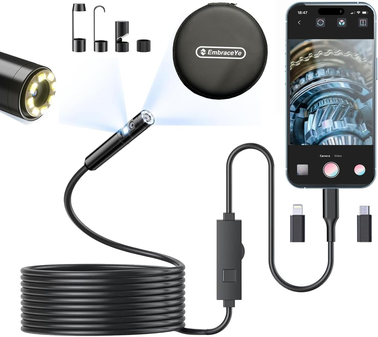 【Dual-Lens BORESCOPE Inspection Camera HD with Light】 Endoscope with Adjustable LED - Compatible with iPhone, Samsung, iPad, iOS & Android - 3.0MP HD, IP67 Waterproof, 16.5ft/5m