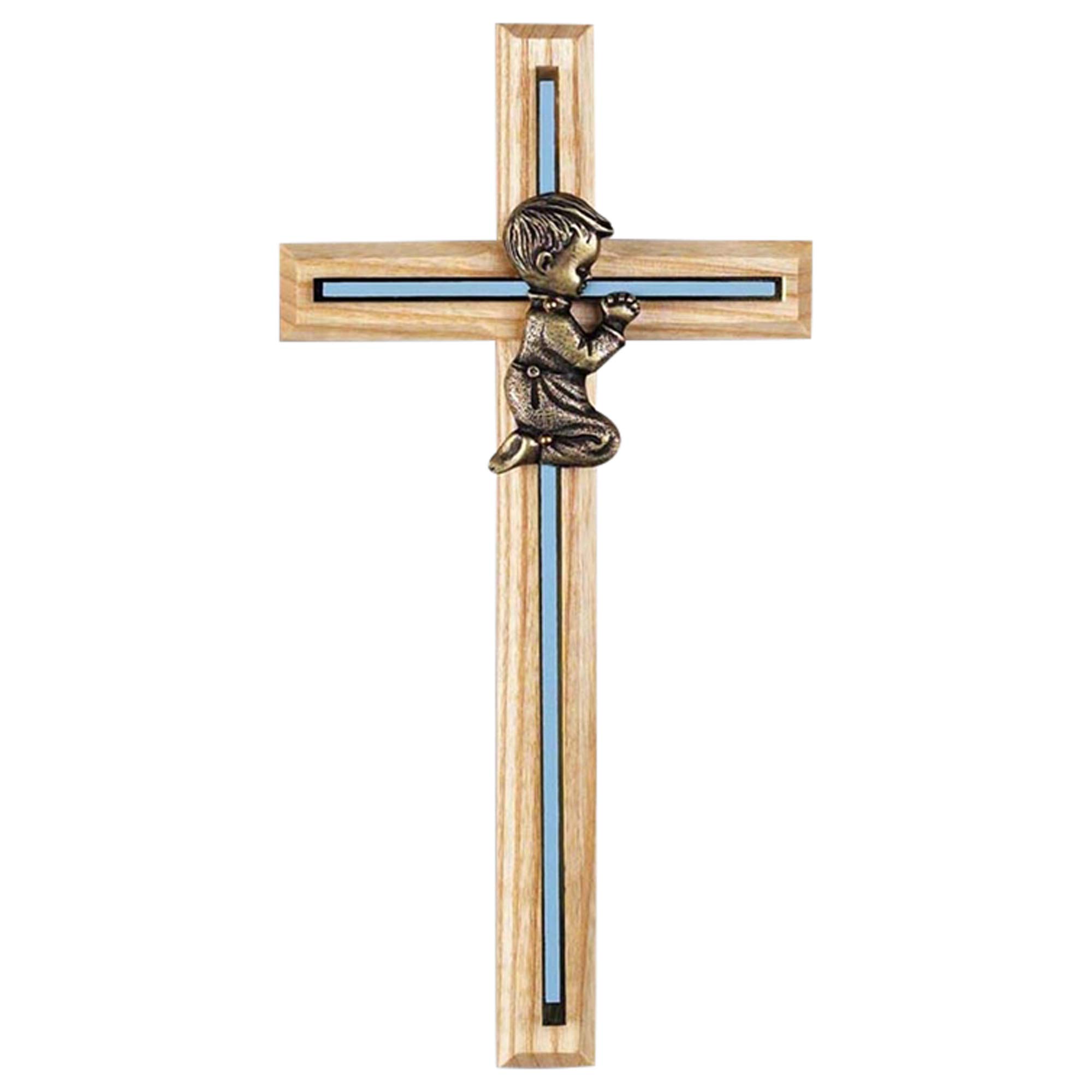 Praying Little Boy Blue Inlay 7 Inch Oak Wood Hanging Wall Cross