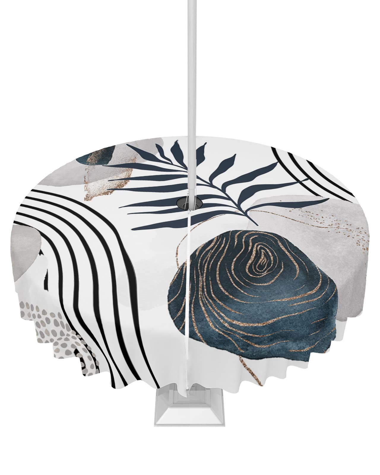 Geometric Leaf Outdoor Round Tablecloth with Umbrella Hole 54 Inch,Wrinkle Free Wipeable Fabric Table Cloth Waterproof Zippered Cover for Patio Party,Abstract Middle-Century Watercolro Painting Grey