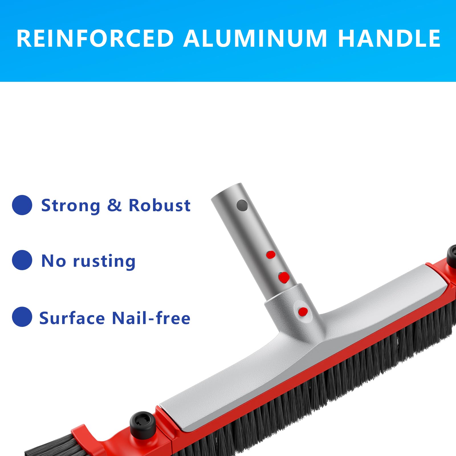 Sepetrel Cabezal de cepillo de piscina de 22 pulgadas de ancho para limpiar paredes de piscina, cepillos de aluminio resistentes con extremos curvados y cerdas fuertes de alta calidad, color rojo