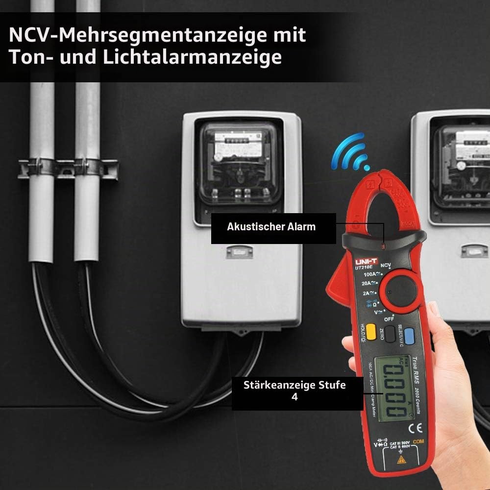 UNI-T UT210E Digitale Strommesszange Amperemeter Voltmeter Vollautomatisch AC DC Multimeter Zange zum Messen von Wechselstrom, GleichStrom, AC/DC Spannung, Widerstand, Ohm