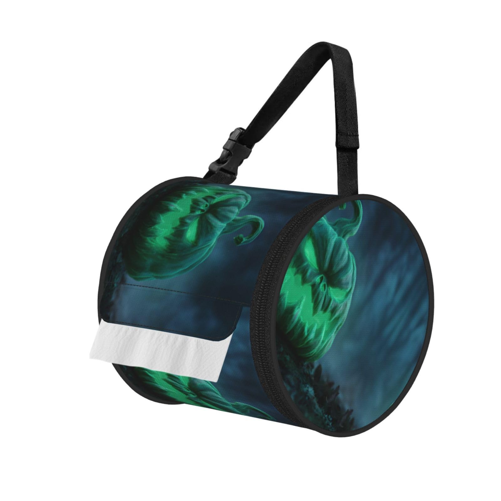Horror Halloween Pumpkin Printed Cylindrical Tissue Bag Portable Oxford Cloth, Foldable Travel Tissue Holder With Zipper And Adjustable Belt