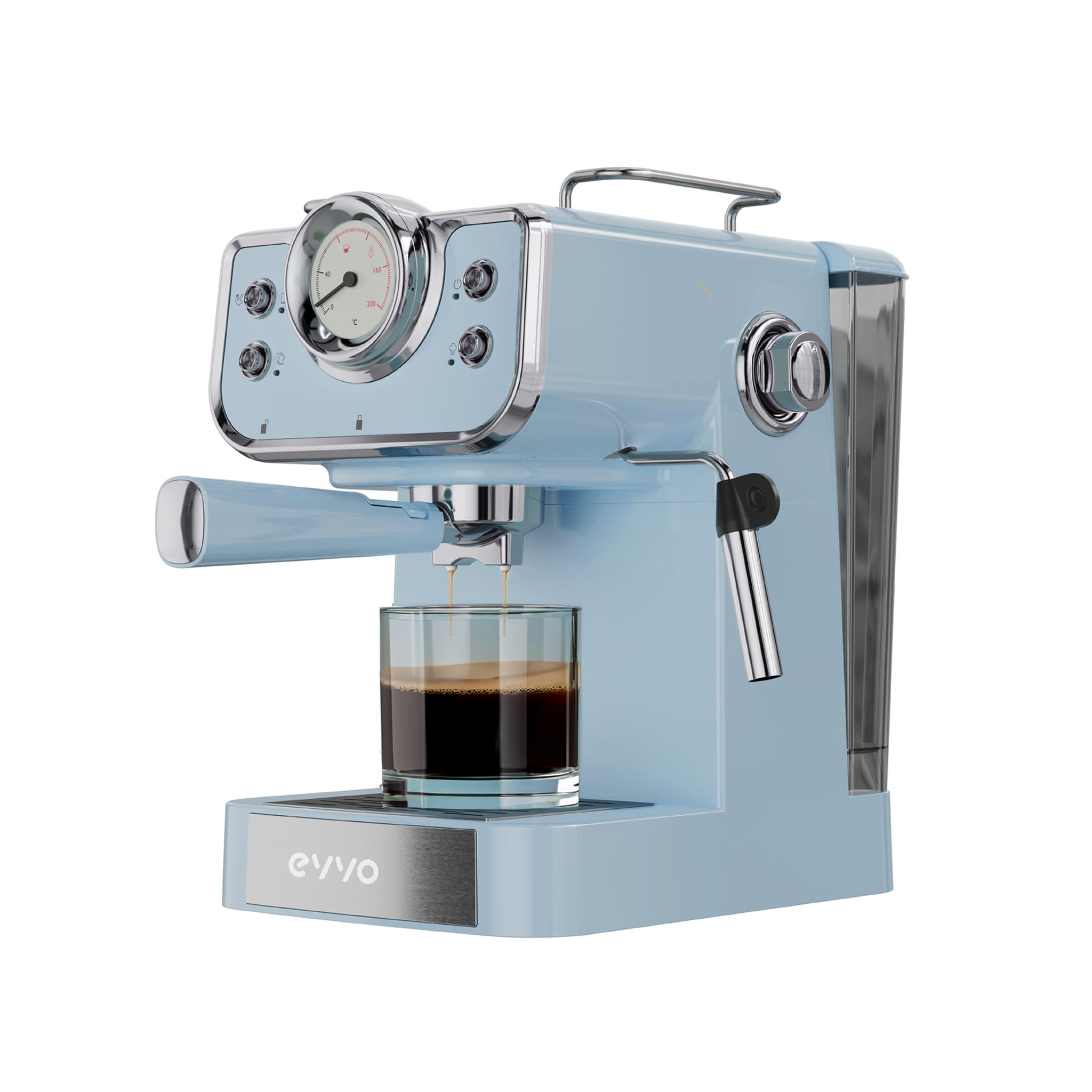 EVVO Cafetera Espresso Intensa Retro Azul - Cafetera Espresso, 15 Bares, 950W, Acero Inoxidable, Brazo Doble, Termo Block, Precalentado Rápido, 1.5L, Vaporizador, Portafiltros