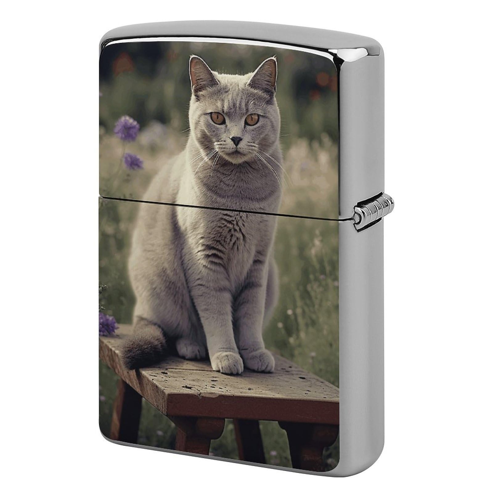 Gray Cat in Flower Field Lighter Cover for Men, Personalized Lighter Case for Birthday Gift, Flip-Top Lighters Protective Cover, Portable Lighters Shell for Outdoor, Travel