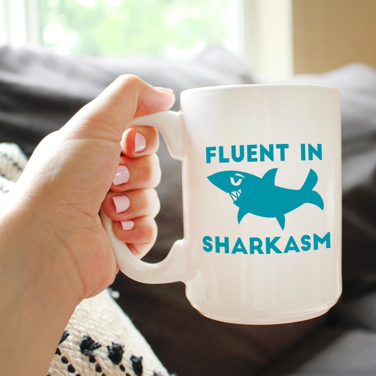 Bevvee Fluent in Sharkasm - Shark Coffee Mug - Cute Funny Gifts for Sarcastic Moms or Dad Joke Lovers - Large 15oz White Ceramic Mug - Image 3