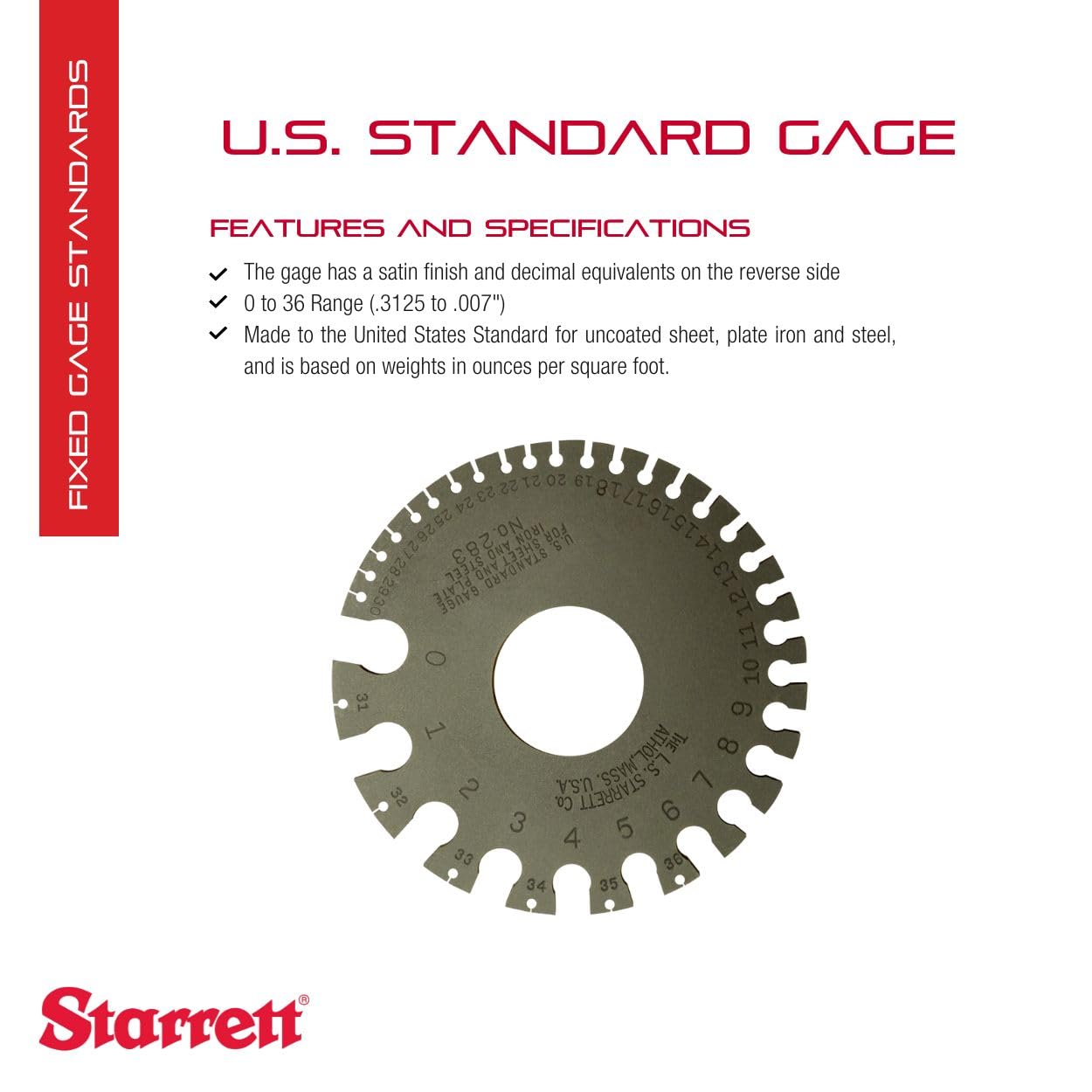 Starrett 283 American Standard - Gage de alambre, endurecido, acabado satinado, números 0 – 36, 0,3125 – 0,007" de diámetro rango de diámetro