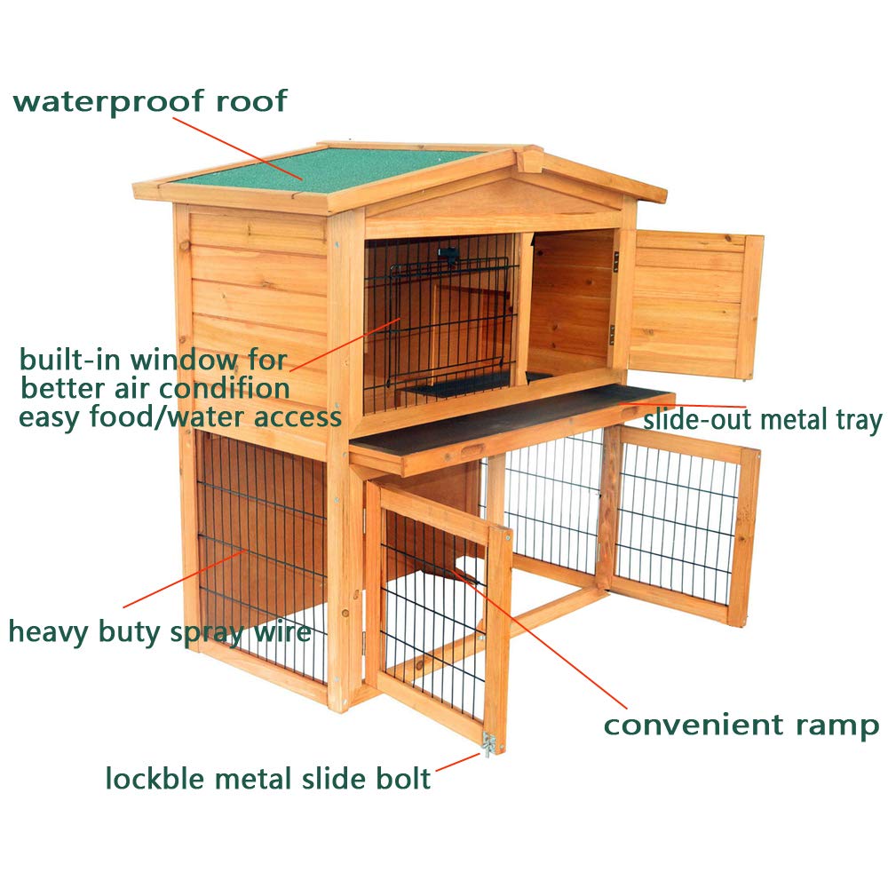 2 Story Wooden Rabbit Hutch | Indoor/Outdoor Bunny Cage With Removable Tray & Waterproof Roof