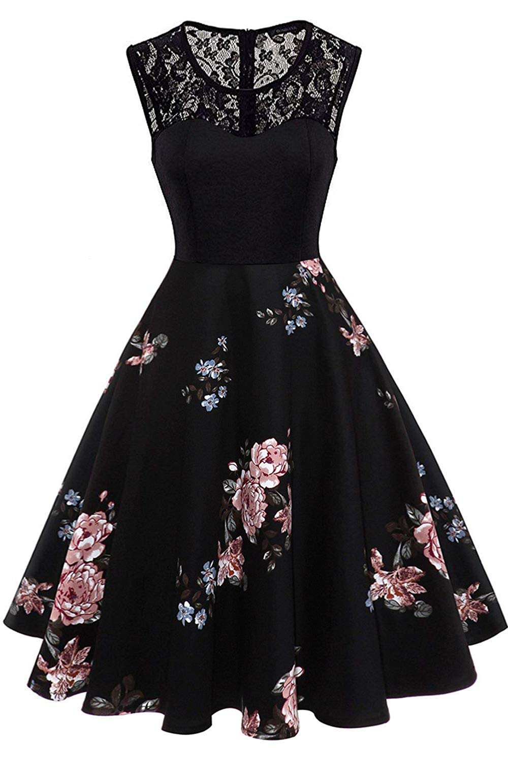 AXOE Damen Vintage Kleider Rockabilly 50er 60er Jahre Blumenkleider mit Spitze Ärmellos Festlich Elegant für Mollige Frauen, Hochzeit