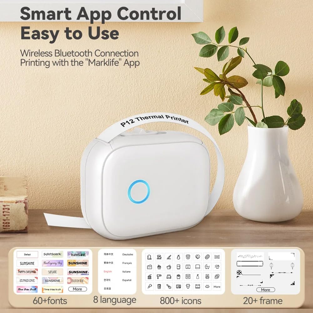 Przenośna etykieciarka, bezprzewodowa drukarka etykiet Bluetooth, drukarka etykiet, przenośna maszyna DIY samoprzylepna taśma etykietowa ciągła, do domu, biura i małej firmy, biała