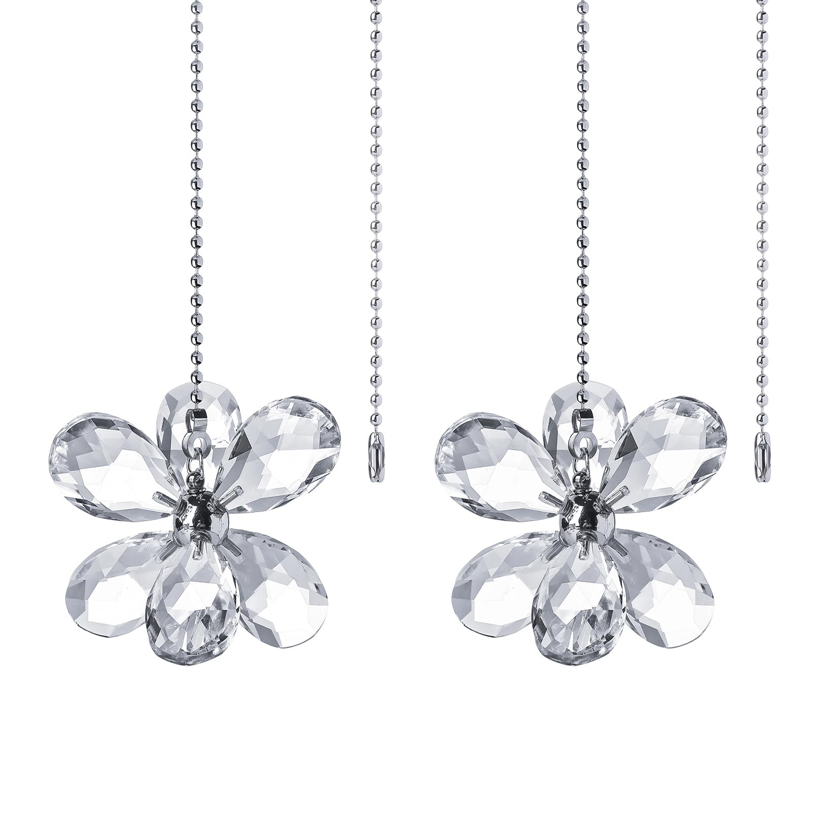 2 Pack Ceiling Fan Pull Chains, 22 inch Ceiling Pulls Extension Chains with 4 Connectors,Clear Crystal Prisms Flower Pull Chains for Home Office Fan Decor