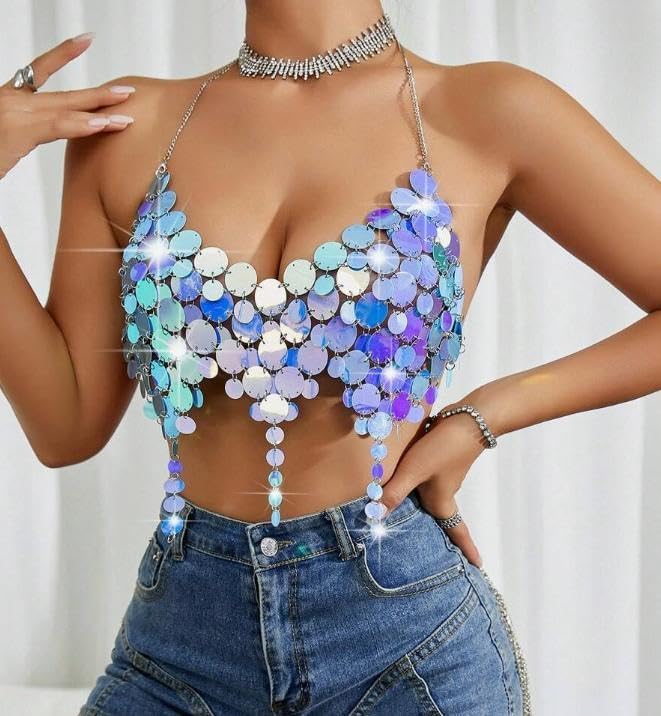Sequin Decorated Fashion Music Festival Women Tank Top Sparkly Sequin Bra Top Iridescent Body Chain Rave Outfit for Women（Blue/PP）