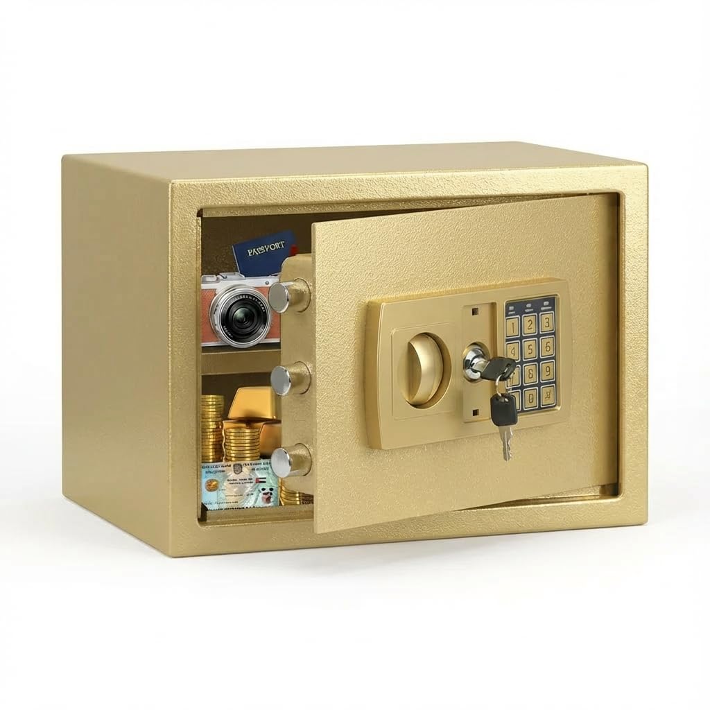 Safe Box Electronic Digital Security Box, 0.438 Cuft Keypad Small Lock Box Cabinet Safes, Solid Alloy Steel Safe Box for Home, Office, Hotel, Rooms, Business, Jewelry Safe (Golden)
