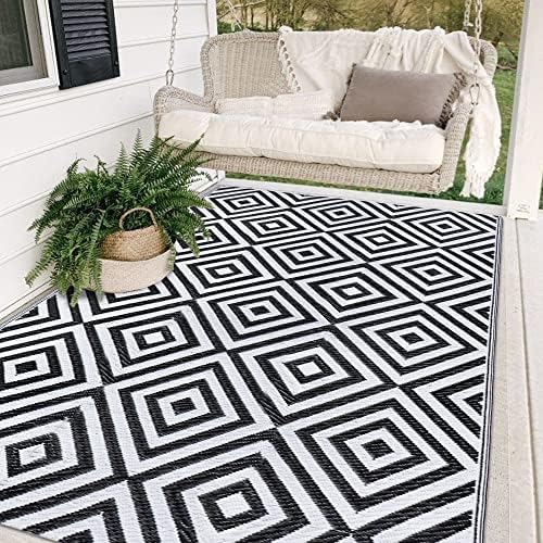 Ridota Reversible Mats, Outdoor Patio Rugs, Plastic Straw Rug, Modern Area Rug, Floor Mat for Outdoors, RV, Patio, Backyard, Deck, Picnic, Beach, Trailer, Camping (Diamond Black & White, 4' x 6')