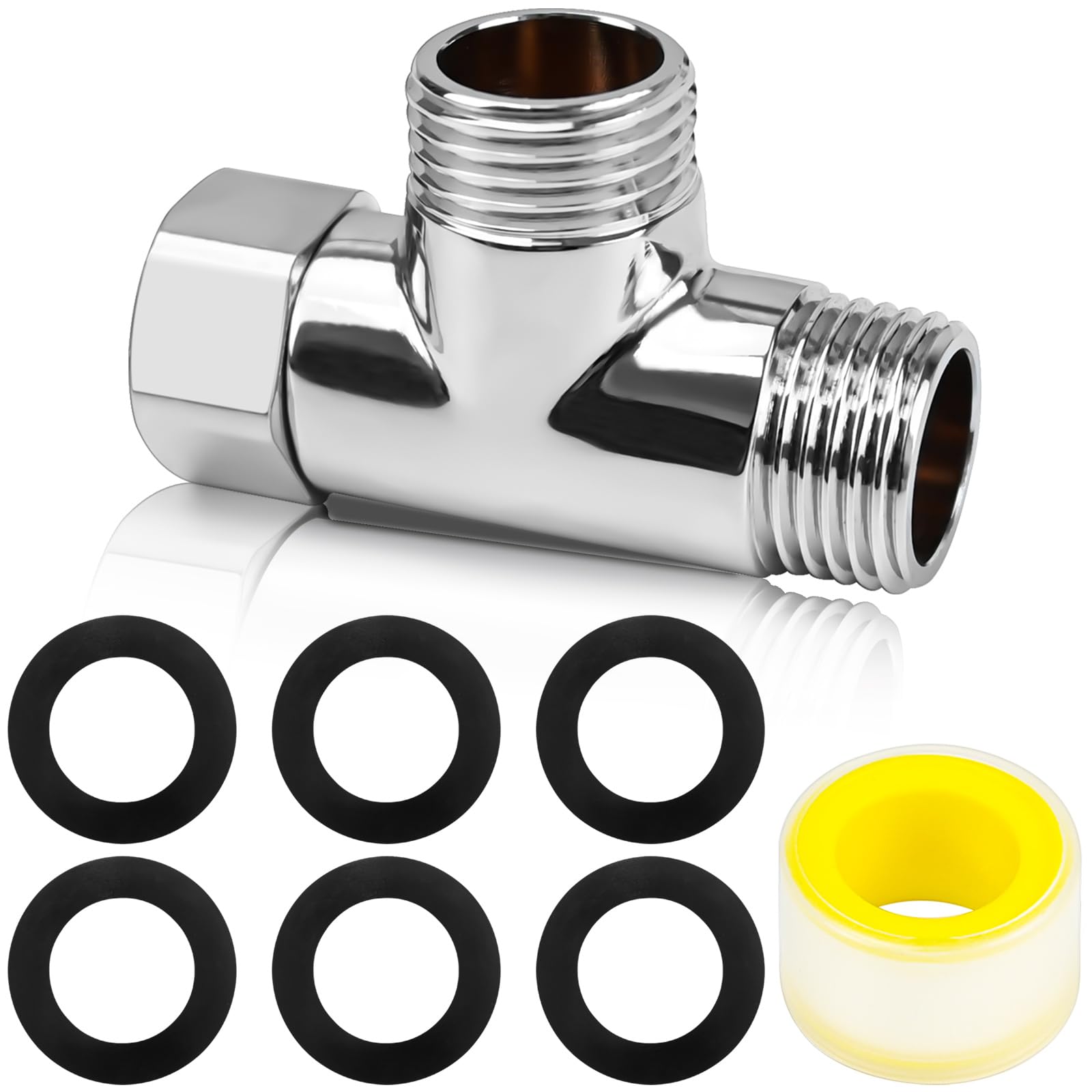 NISENTIA 3 Way T Shape Adapter G1/2"" Shower Diverter Valve, Brass T Adapter Universal Anti Rust Shower Diverter Valve Hose Connectors with 6 Sealing Washers Sealing Tape for Faucet Bidet Sprayer
