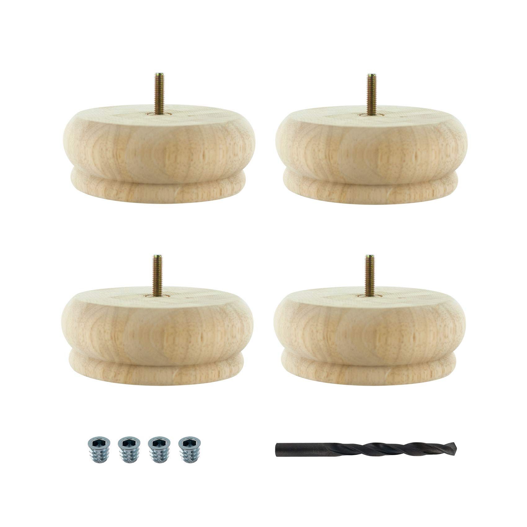 OutwaterArchitectural Products BUN31-UN 2 in. x 5-1/2 in. Unfinished Solid Hardwood Round Bun Foot 4 Pack with 4 Free Insert Nuts and Drill Bit