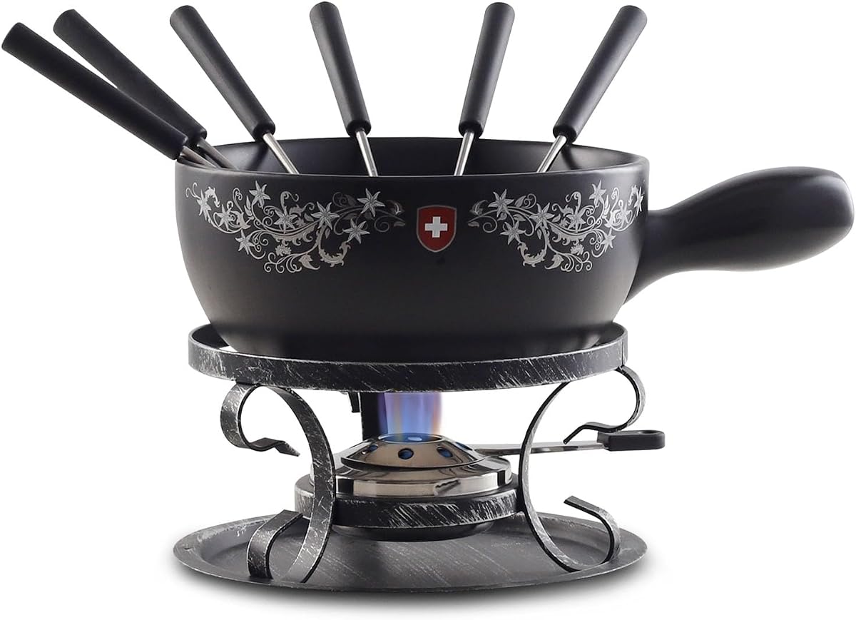 Juego de ollas para fondue de queso y chocolate Artestia, | Juego de fondue de cerámica de diseño suizo de 2,1 cuartos para 6 personas con quemador y tenedores, caja fuerte para estufa, perfecto para fiestas, reuniones familiares y regalos