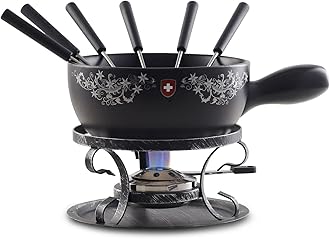 Artestia 2.11-Quart Swiss Design Ceramic Fondue Pot Set for Cheese, Chocolate Melting Pot with 6 Fondue Forks and Swiss Vintage Pattern, Perfect for 6 People, 10 Piece (AR-83008)