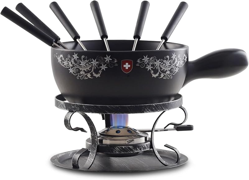 Juego de ollas para fondue de queso y chocolate Artestia, | Juego de fondue de cerámica de diseño suizo de 2,1 cuartos para 6 personas con quemador y tenedores, caja fuerte para estufa, perfecto para fiestas, reuniones familiares y regalos