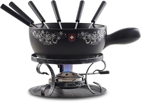 Artestia Cheese & Chocolate Fondue Pot Set, 2.1 Quart Ceramic Swiss Design Fondue Set for 6 with Burner & Forks, Stove Top Safe, Perfect for Party, Family Gathering & Gift