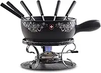 Artestia Conjunto de panela de fondue de queijo e chocolate, conjunto de fondue de cerâmica com design suíço de 2,1 litros para 6 com queimador e garfos, seguro para fogão, perfeito para festa