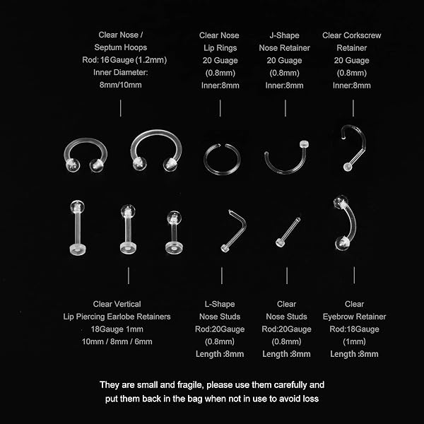 MixPiercing 48Pz Retenedores de Piercing Transparente Nariz Plástico Lengua Pezón Arete Labio Labret Aros De Ceja Cartílago Pulpa Trago Retenedor De Oreja Cirugía Para Quirofano Trabajo - 5