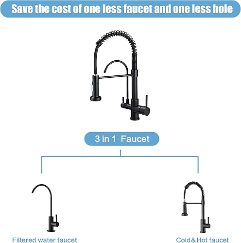 Miniatura 6 de HUAHUALALA Grifo de fregadero de cocina 3 en 1, 2 manijas con rociador de resorte, grifo de cocina con filtro, grifos de agua potable de latón,