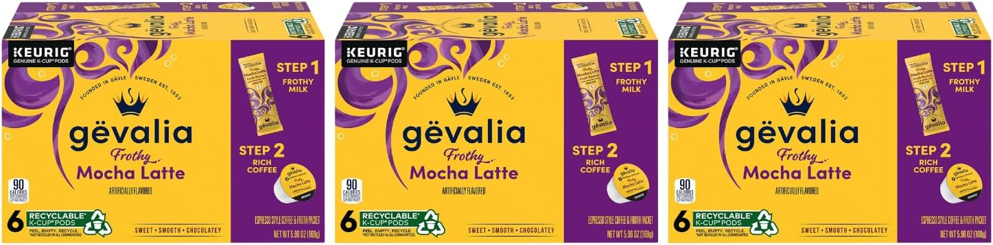 Gevalia, 2-Step K-Cup & Froth Packets, 6 Count, 5.6oz Box (Pack of 3) (Mocha Latte).
