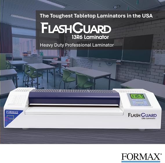 Formax FlashGuard 13R6 Laminator; 1500W; 110-120V, 50/60Hz; 15A; Heavy-Duty 6 Roller System; All-Metal Construction; Graphics-Based LCD Screen; Variable Temperature and Speed