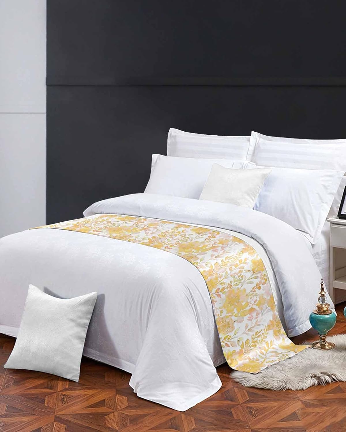 Orang Yellow Floral Bed Runner Scarf Bedding Accessory For Full Size Bed,Soft Bed Scarves And Runners Stainproof Bedroom Decor For Hotel Wedding Room,Abstract Contemporary Leaves Flower Herb 83"x20"