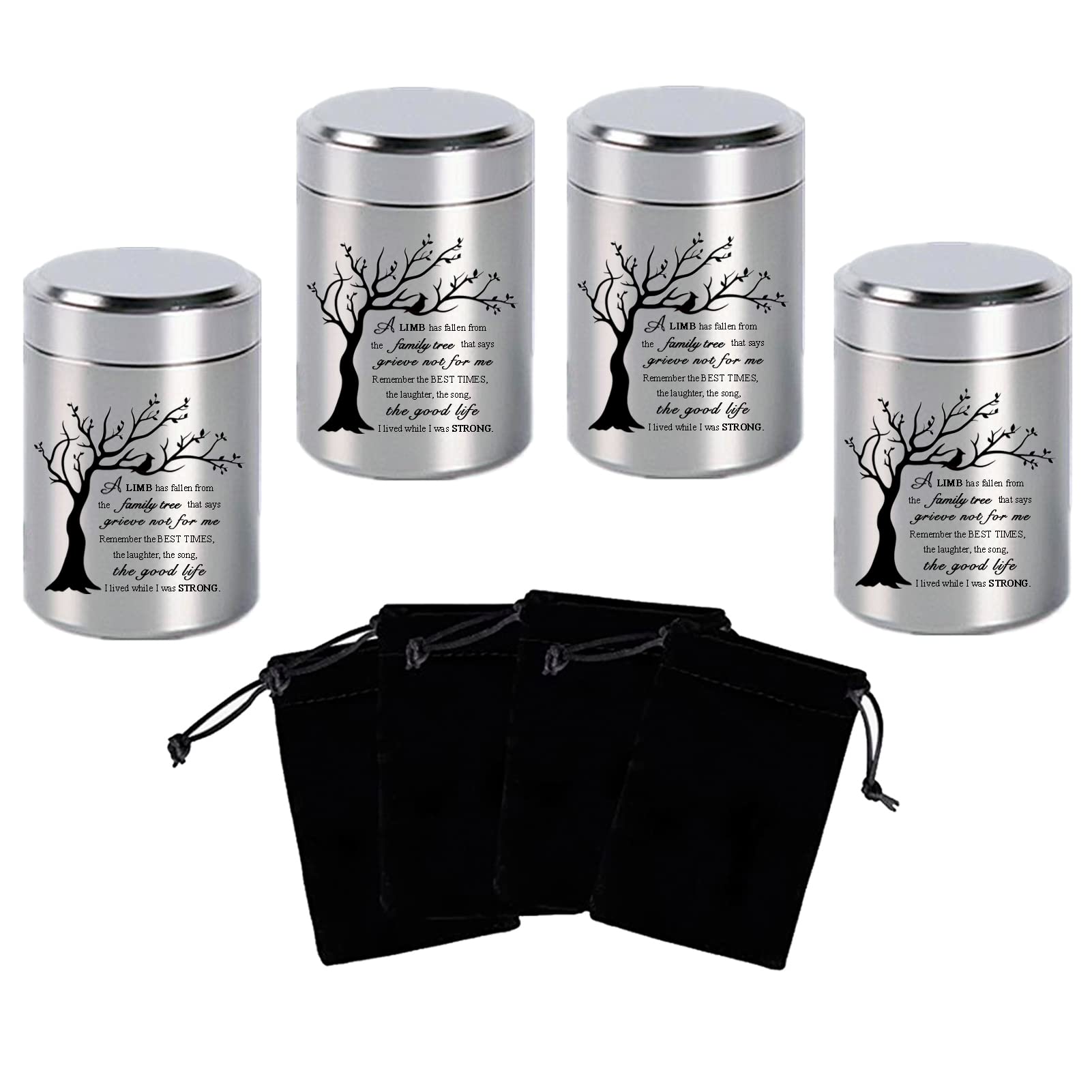 2.7 inch Small Urns for Ashes - Set of 4, Aluminium Mini Urns, Cremation Urns for Human Ashes, Ashes Holder, Small Keepsake urns-A Limb has Fallen