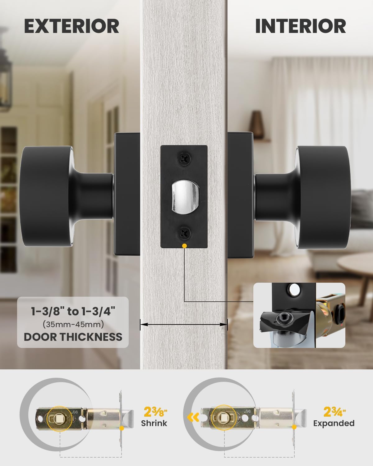 Goldenwarm Matte Black Passage Door Knobs Interior, Zinc Alloy Matte Black Door Knob for Hallway & Closet & Living Room, Non-Locking Function, Adjustable & Reversible - 6 Pack