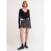DILVIN Pileli Mini Etek Kad n Kemerli A-Line Twill Dokuma Kuma  Klasik Kesim