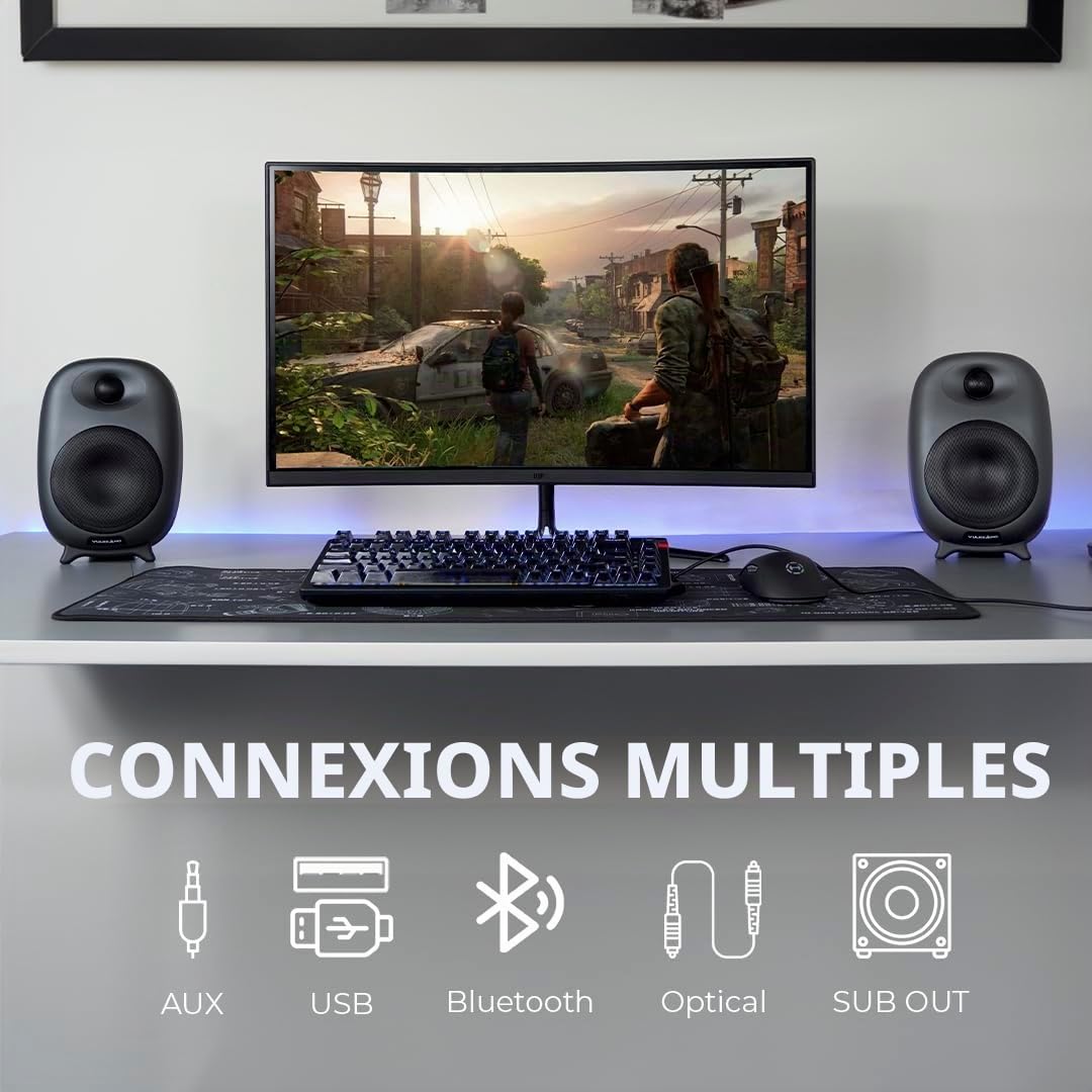 VULKKANO D4 Enceintes PC amplifiée avec Woofer de 4", Puissance de 80W, Bluetooth, USB, RCA, Aux, Sub Out, Télécommande, Enceinte Ordinateur avec Design Élégant