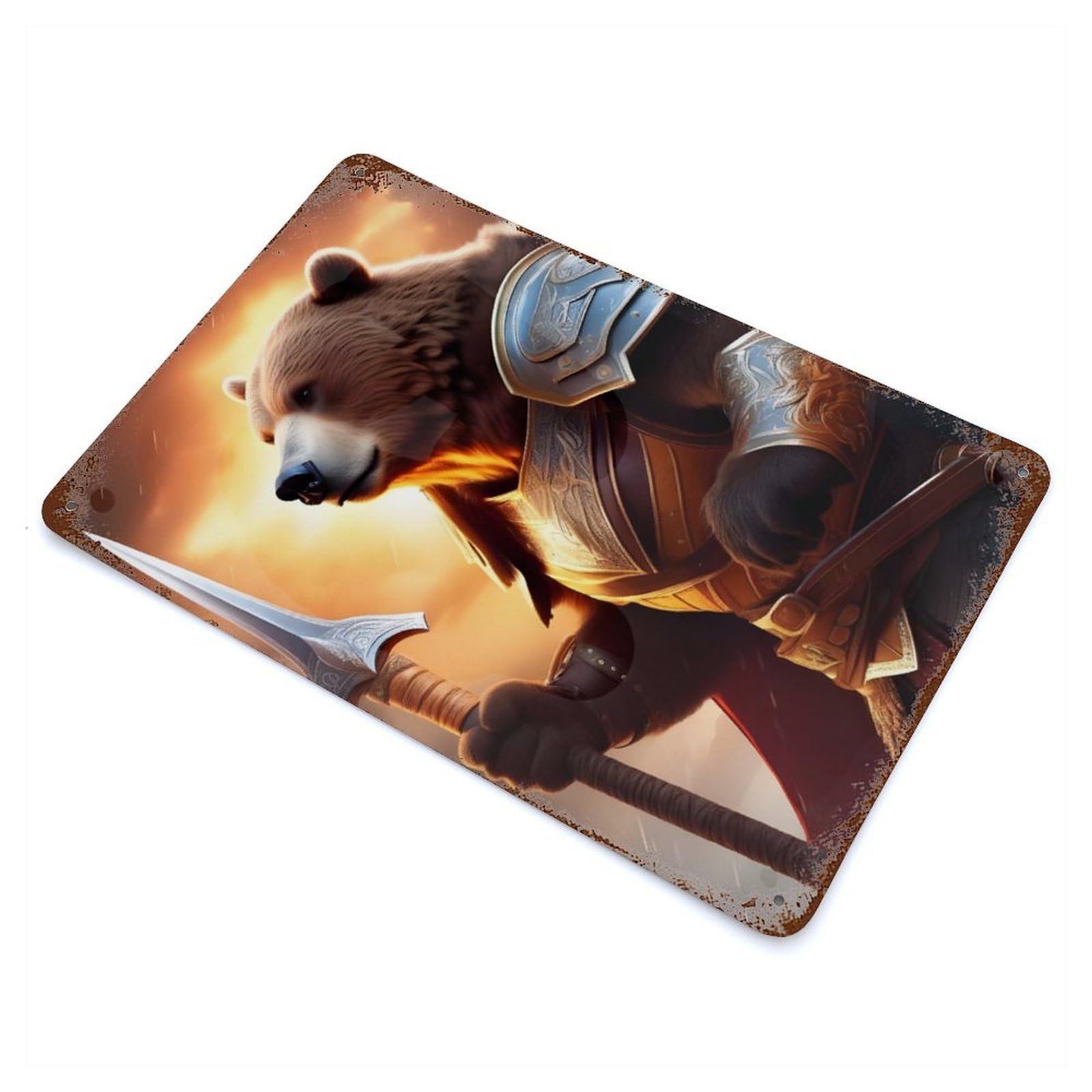 Rust Effect Bear Sword Fantasy Rusty Metal Tin Sign 11.8"x7.9", Farmhouse Wall Decor for Shed, Workshop And Garage Wall Decor
