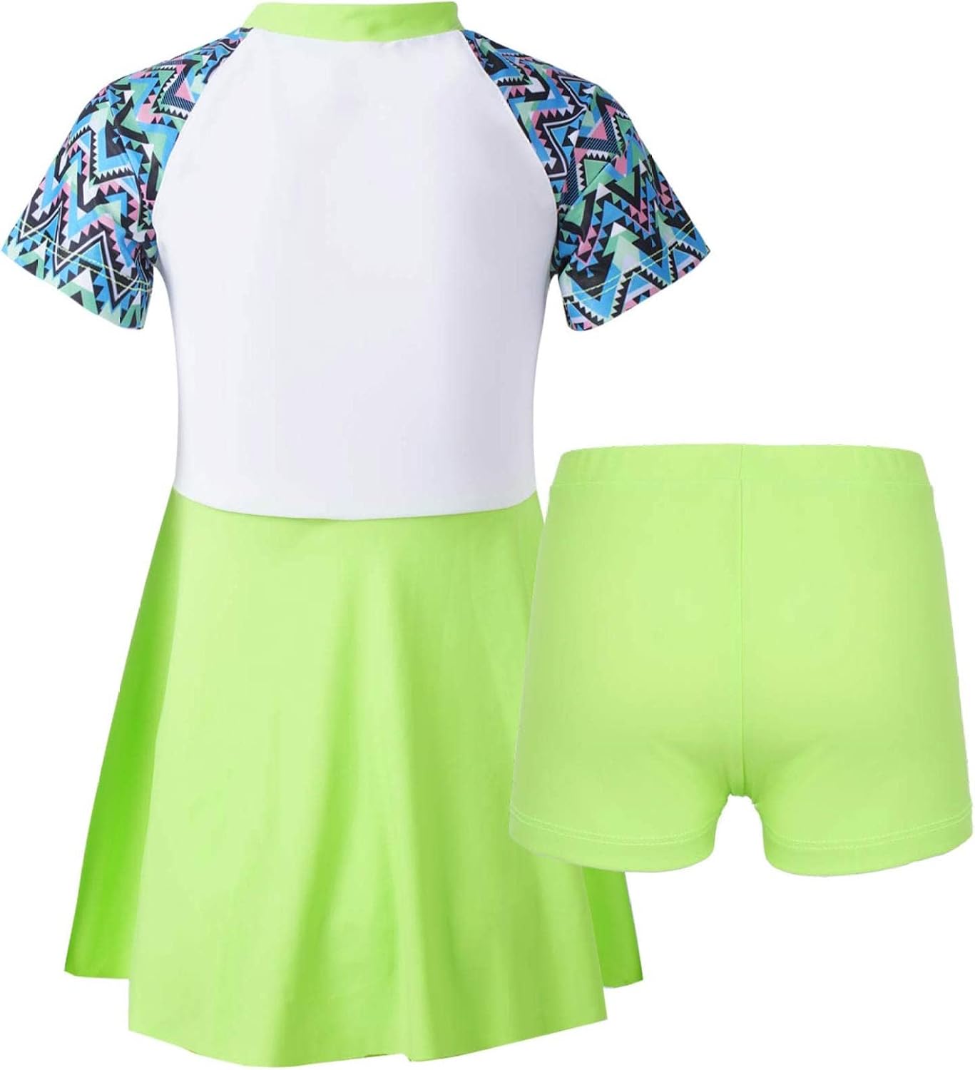 Girls' Swimsuit Short Sleeves Zipper Swimdress with Booty Short 2 Piece Rash Guard Set Swimwear