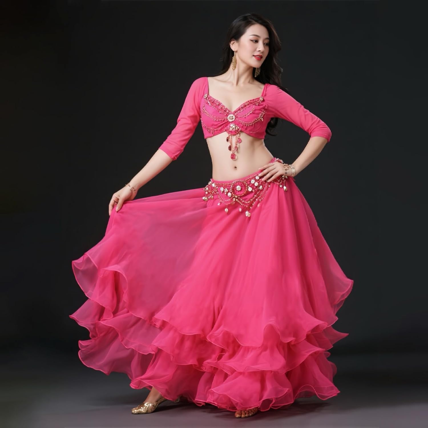 Women's 3-Layer Chiffon Hem Big Swing Skirt Belly Dance Spanish Long Skirts - Image 2