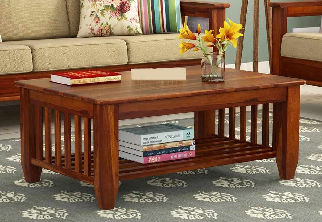 Wooden Center Coffee Table with Storage | Solid Sheesham Wood Centre Table for Living Room, Drawing Room & Office | Honey Finish-image-43