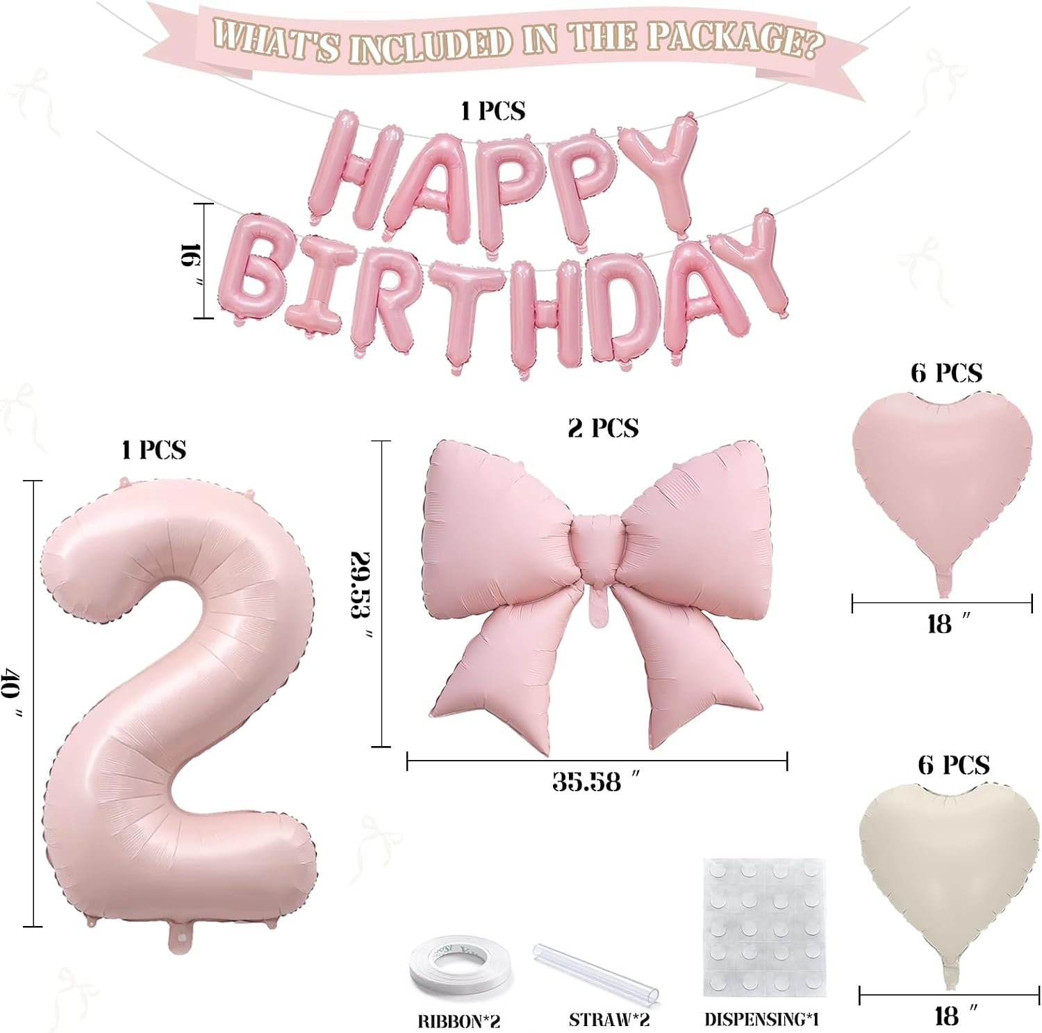 40 Inch Dusty Pink Number 2 Balloon for 2nd Birthday Girl, Large Foil Balloon Set with Bow Balloons Happy Birthday Banner Blush Pink Cream Heart Balloons for Girls Boho Two Year Old Bday Party Decor