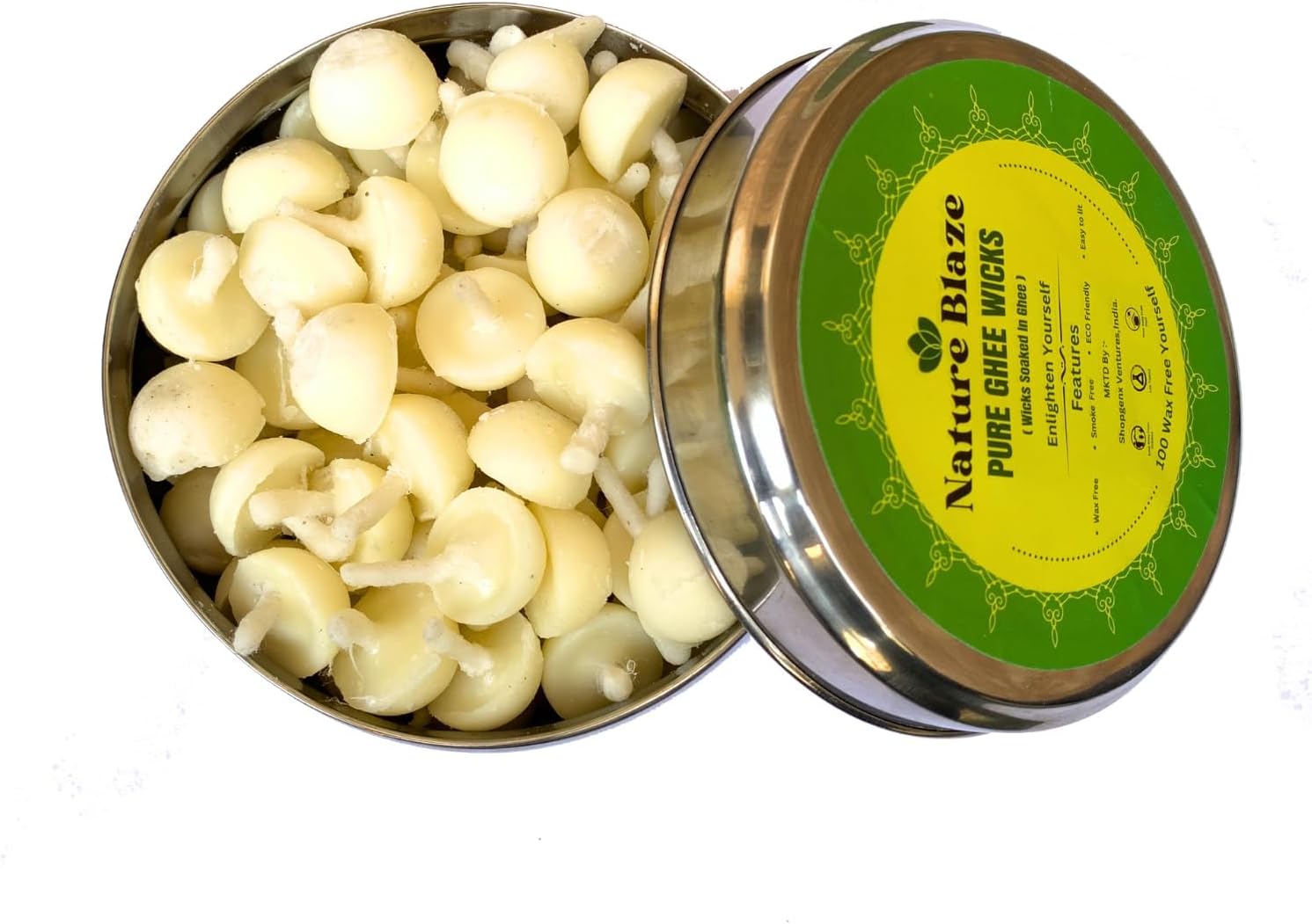 Ghee Wicks Diya Batti | Wax Free Ghee Wicks for Puja, Festival and Occasions 100 Pieces (Ghee Wicks in Steel Box)