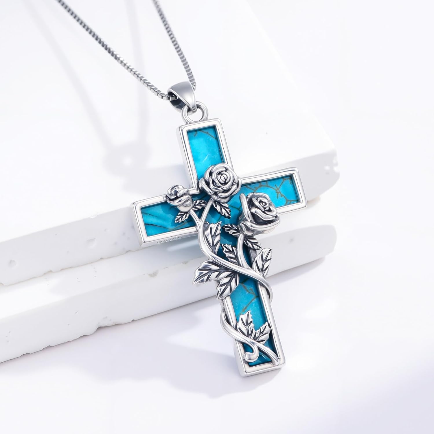 Genuine Turquoise Cross with Flowers Pendant Necklace, Sterling Silver Native American Vintage Necklace Western Religion Jewelry - Image 5