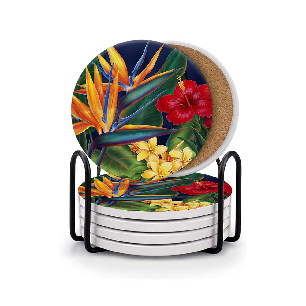 Vibiliyou 003 Coasters For Drinks Tropical Bird Of Paradise Absorbent Ceramic Set Of 6,Coaster,Round Stone Mat,With Cork Base And Metal Holder For Room Bar Home Decor Housewarming Gifts