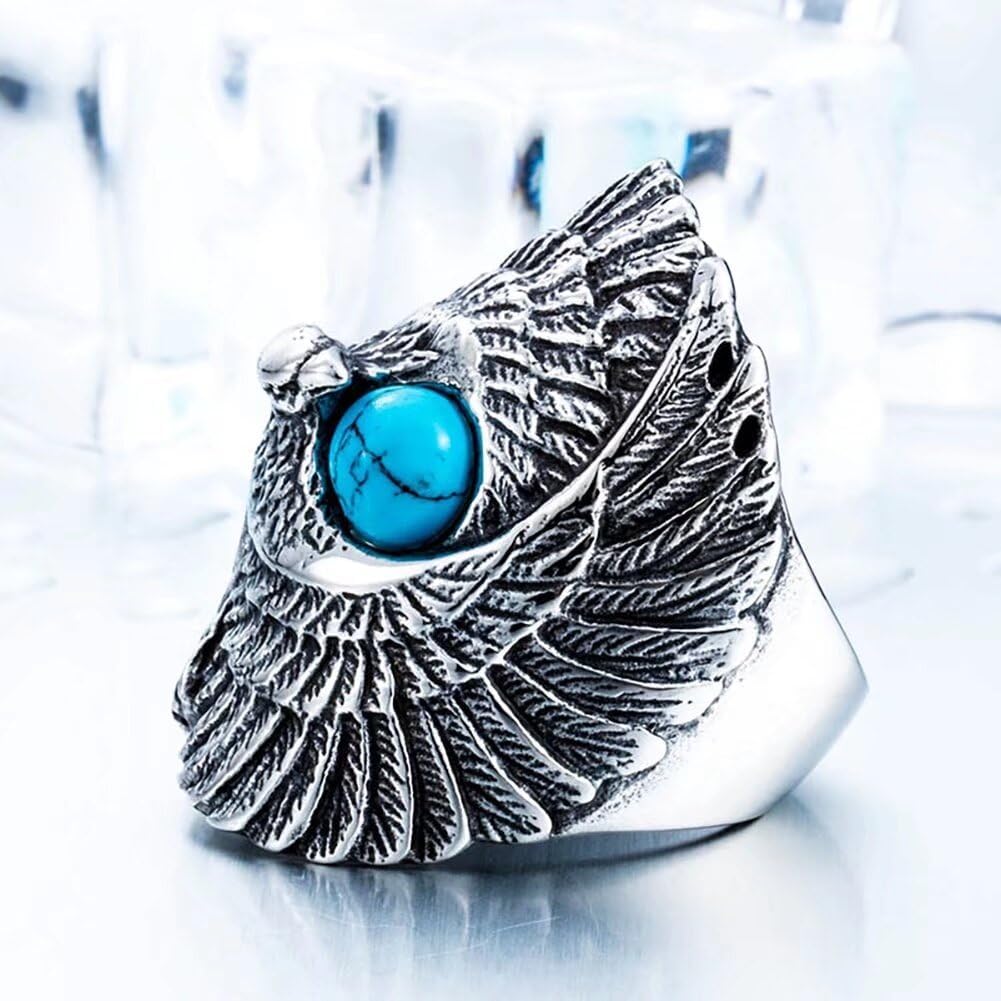 Mens Stainless Steel Turquoise Stone Eagle Rings Gothic Ring Silver Black Size 7-13 - Image 4