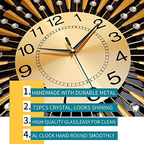 Fleble Large Wall Clocks For Living Room Decor Big Modern Silent Wall Clock Battery Operated Non-Ticking For Office Kitchen Bedroom Home Decorative Round Gold Metal Crystal Wall Watch Clock For Indoor #TOP4
