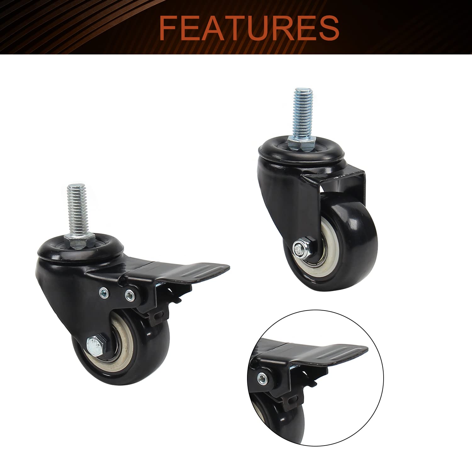 MroMax 2 Inch Stem Casters, Each Capacity 32Lbs Heavy Duty Swivel PVC Caster with M10 x 25mm Threaded Stem for Shopping Carts, Trolley and Workbench(2Pcs with Brake and 2Pcs Without Brake)