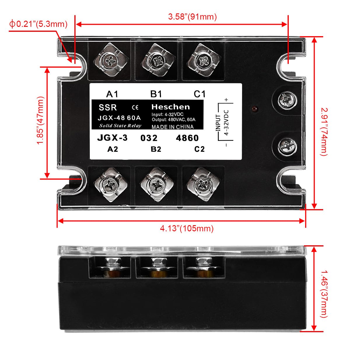 Heschen DC/AC Three Phase Solid State Relay, JGX-3360A, Input 3.5-32VDC, Output 480VAC 60Amp