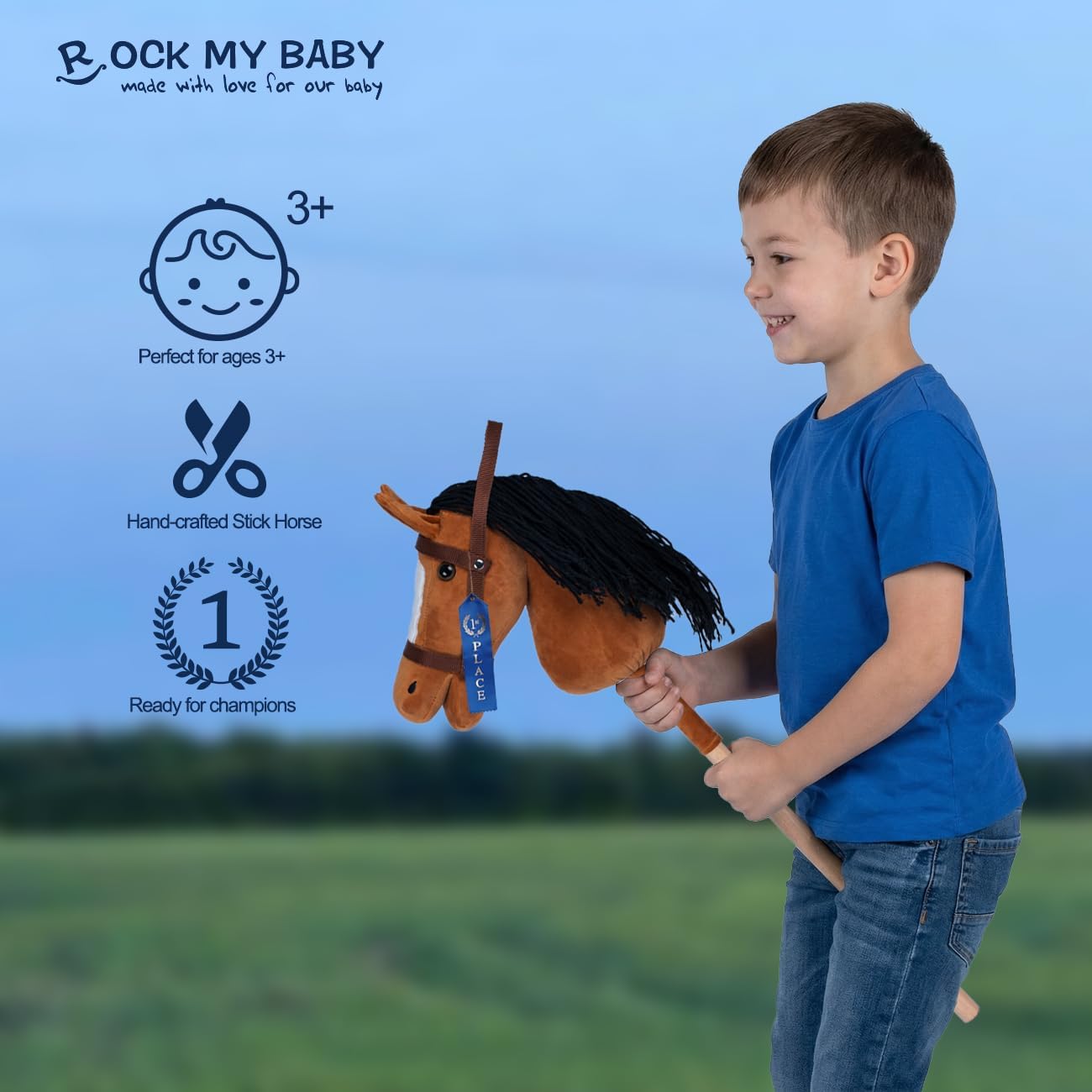 Hobby Horse Plush Stuffed Stick Horse with Award Ribbon for Boys and Girls 3+ Fun Toys for Pretend Play (Golden Brown) CPC Certified