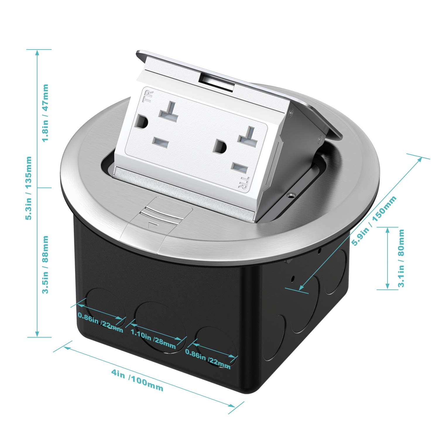WEBANG Round Pop Up Floor Outlet Box with 20 Amp Tamper-Resistant Receptacle Outlet, Corrosive Resistant Hardware, ETL Listed, Silver