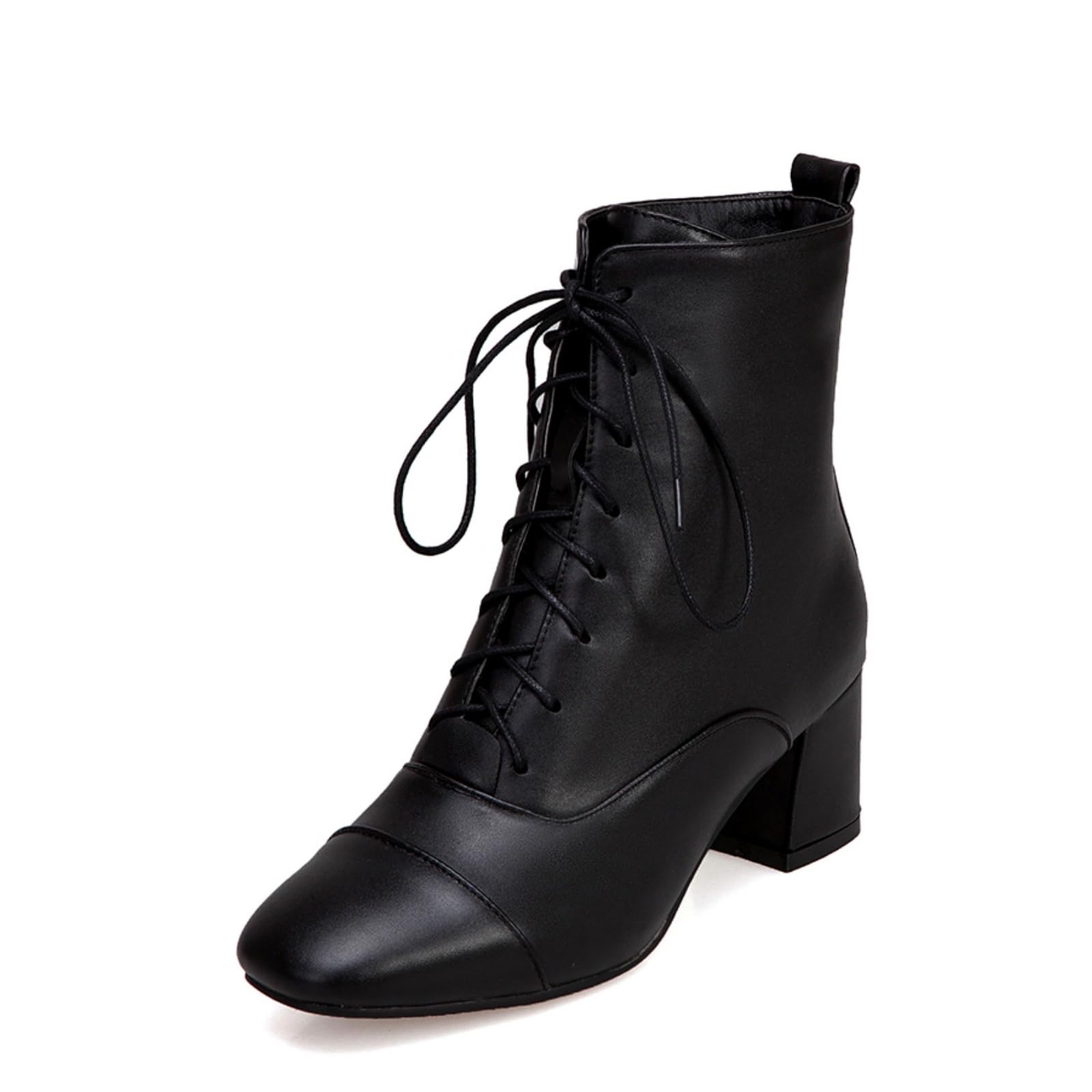 UniqueStride Womens Square Toe Ankle Boots Chunky Mid Heel Lace Up Patent Leather Short Boots