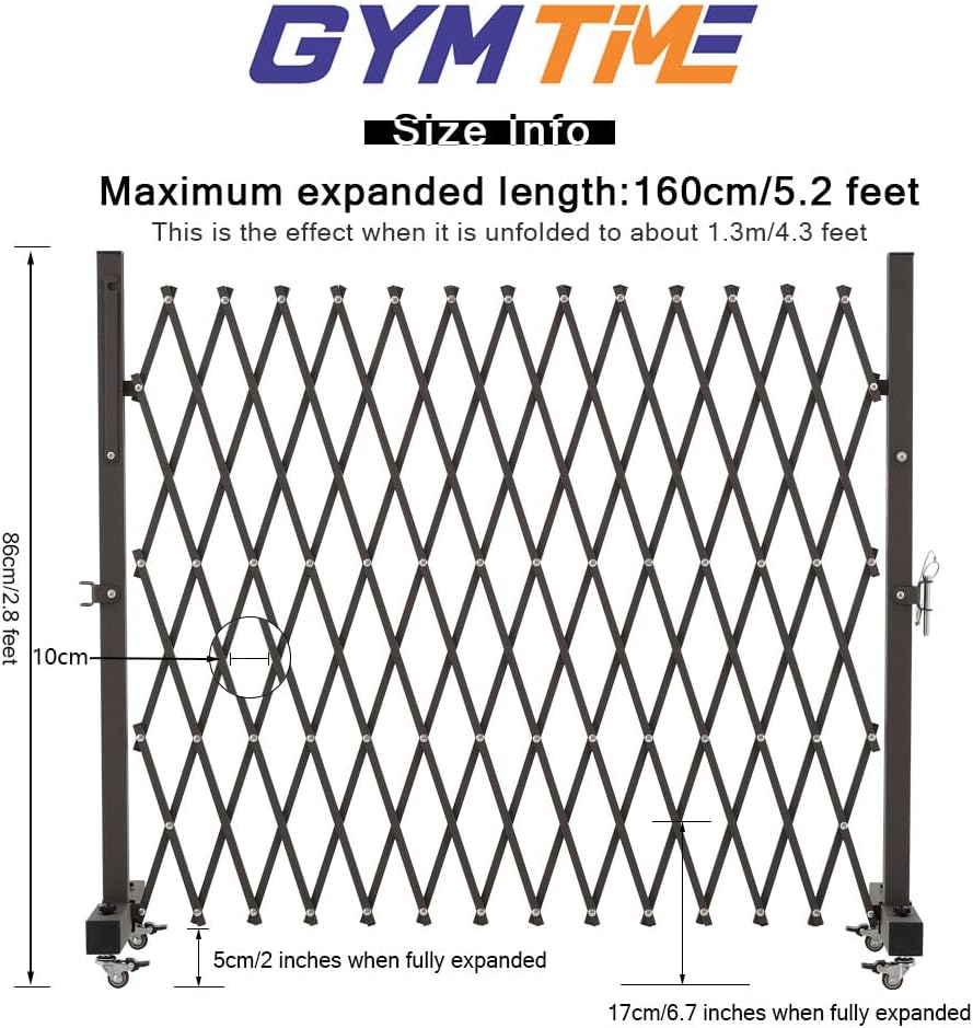 GYMTIME Metal Expandable Barricade, Portable Safety Barrier with Casters, Flexible Mobile Folding Security Gate, Adjustable Traffic Fence for Home, School, Warehouse, 5.2 Feet, 34 inch High